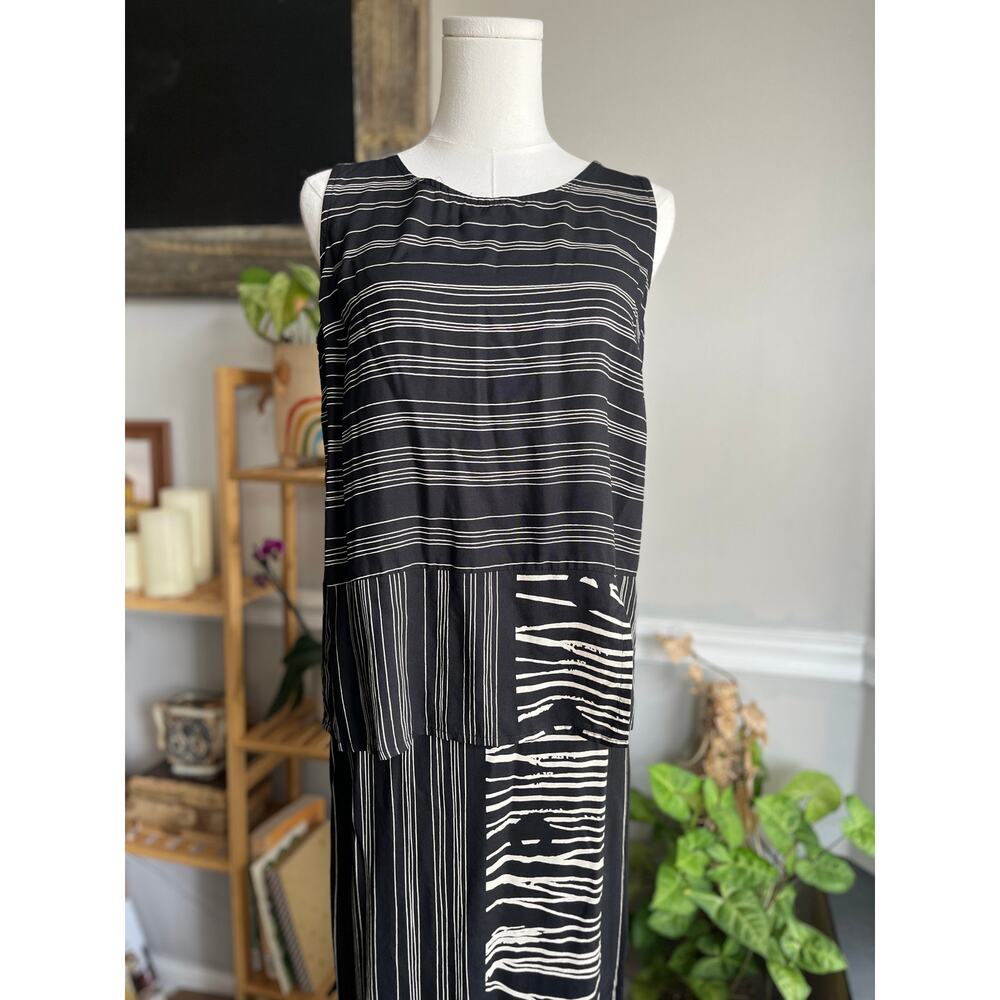 Vintage 90s Wrap Skirt Set Black and Cream Stripes Rayon Size Medium